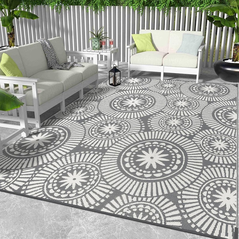 Ileading Large Plastic Outdoor Rug 9x12ft Modern Geometric Style Reversible Patio Area Rugs Waterproof Non Shedding Portable Carpets for Rv Outside Deck Pool Beach Picnic Camping (Grey) - Image 1